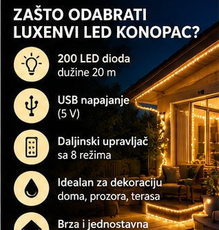 LED svetleći konopac 20 m – 200 LED, USB sa daljinskim upravljačem