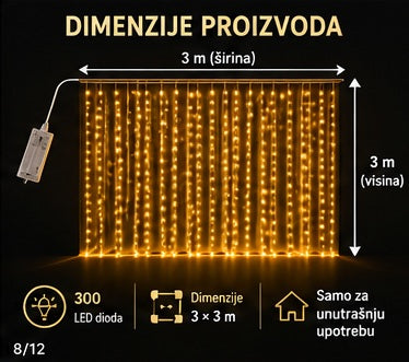 LED svetlosna zavesa 3 × 3 m – 300 LED sa daljinskim upravljačem