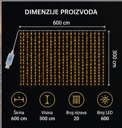 LED svetlosna zavesa 6 × 3 m – 600 LED