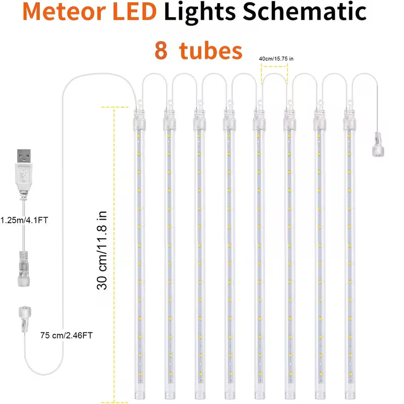 LED meteorska kiša – 16 svetlećih cevi, 2 × 5 m, USB